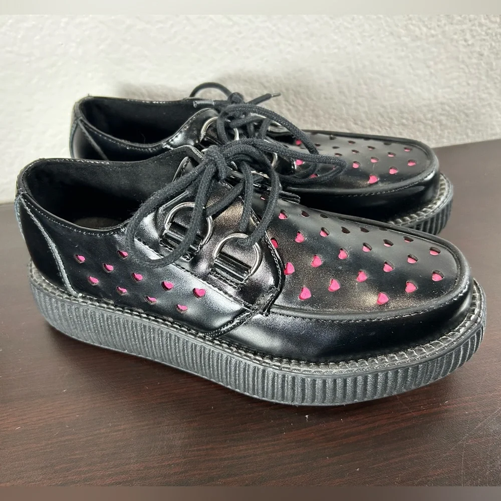 tuk Black Platform Creepers with Pink Heart Cutouts